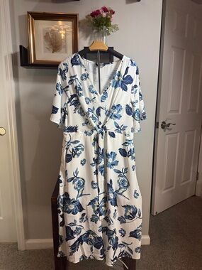 BloomChic White & Blue Floral Wrap Midi Dress